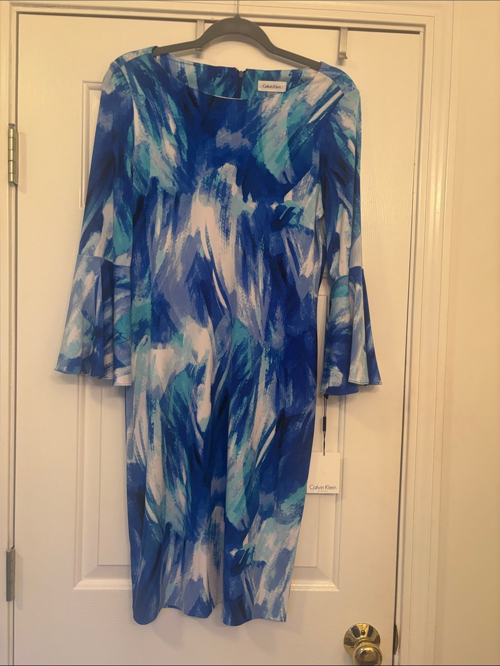 Calvin Klein Blue and White Abstract Sheath Dress with Bell Sleeves